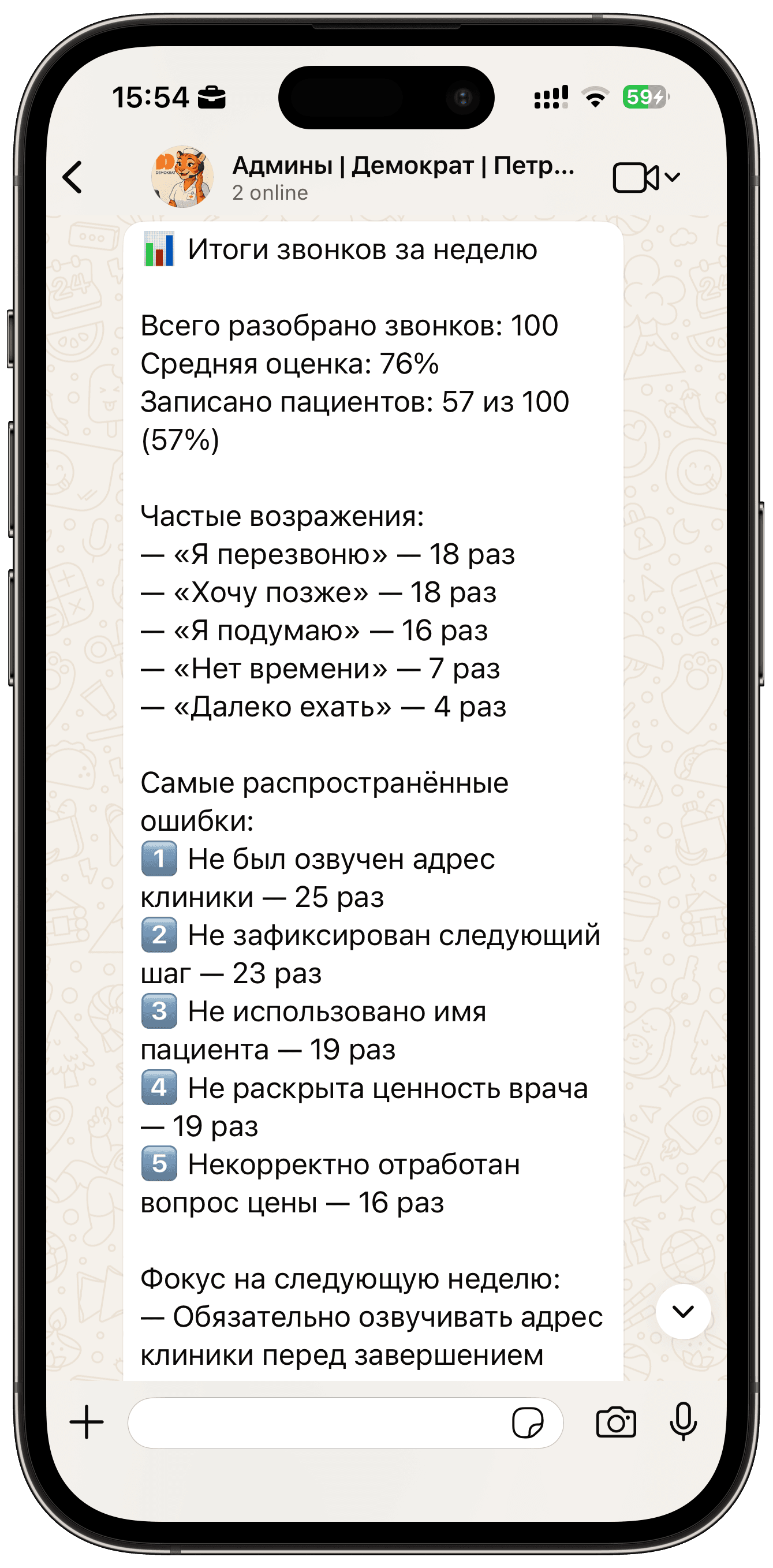 Пример недельного отчета MedControl по звонкам